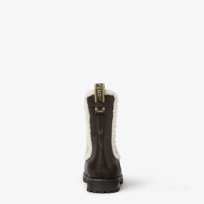 FENDI Commando 深棕色皮革和白色羊毛皮切尔西及踝靴