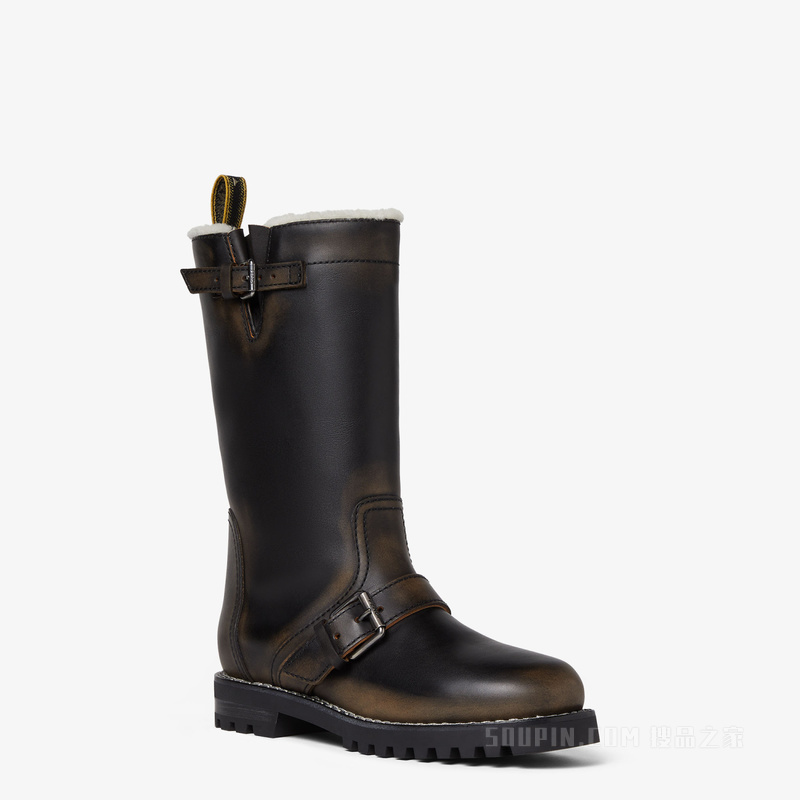 FENDI Commando 深棕色皮革和白色羊毛皮靴子