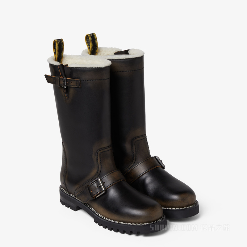 FENDI Commando 深棕色皮革和白色羊毛皮靴子