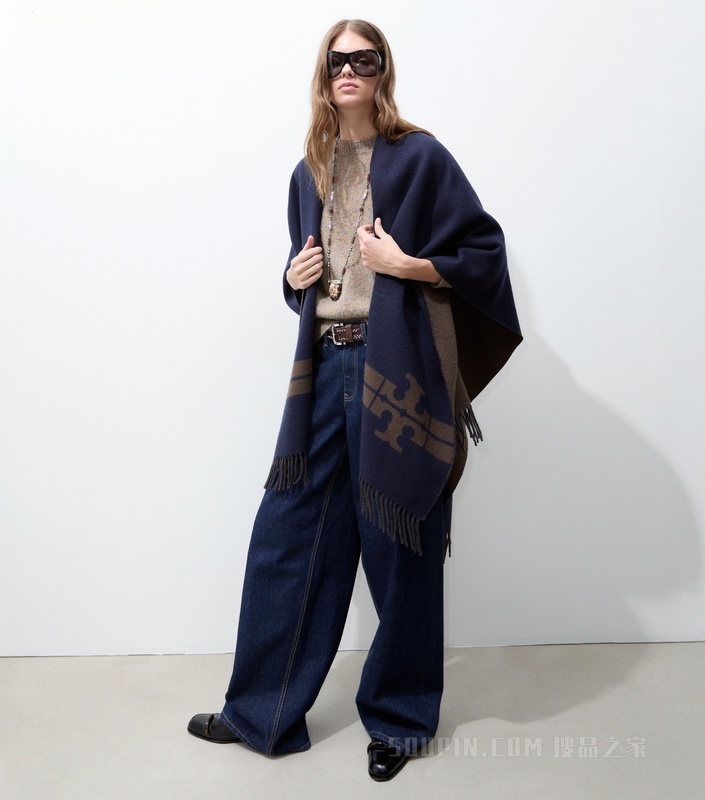 【新品】条纹斗篷 海军蓝