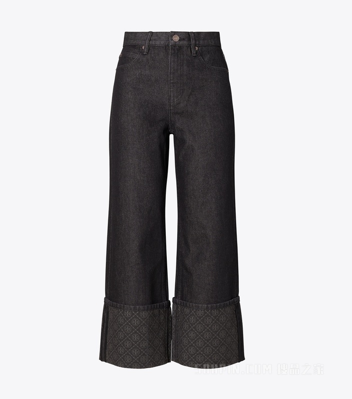 【新品】T Monogram 撞色裤脚直筒牛仔裤 黑色牛仔布