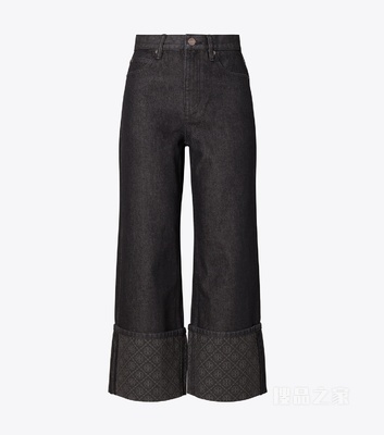 【新品】T Monogram 撞色裤脚直筒牛仔裤 黑色牛仔布