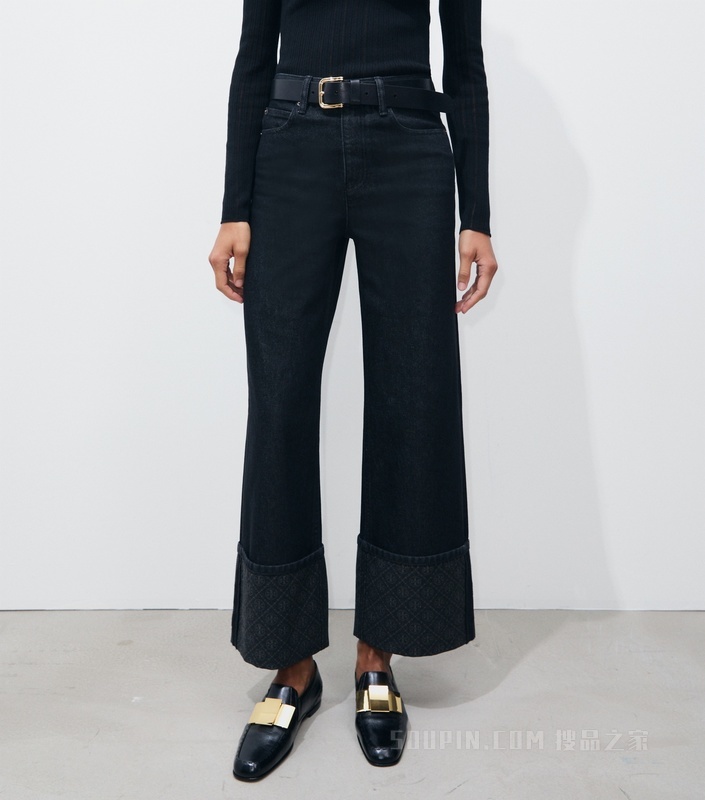 【新品】T Monogram 撞色裤脚直筒牛仔裤 黑色牛仔布