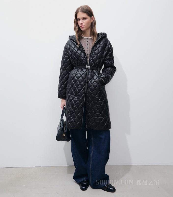 【新品】连帽绗缝大衣 黑色