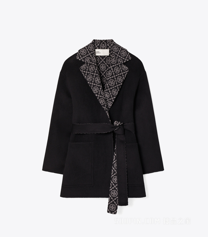 【新品】T Monogram 羊毛裹身大衣 黑色