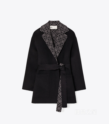 【新品】T Monogram 羊毛裹身大衣 黑色