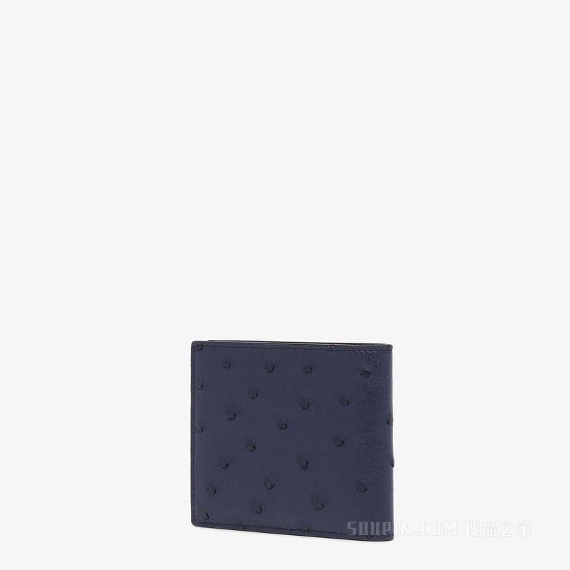 经典皮夹 深蓝色鸵鸟皮革折叠皮夹